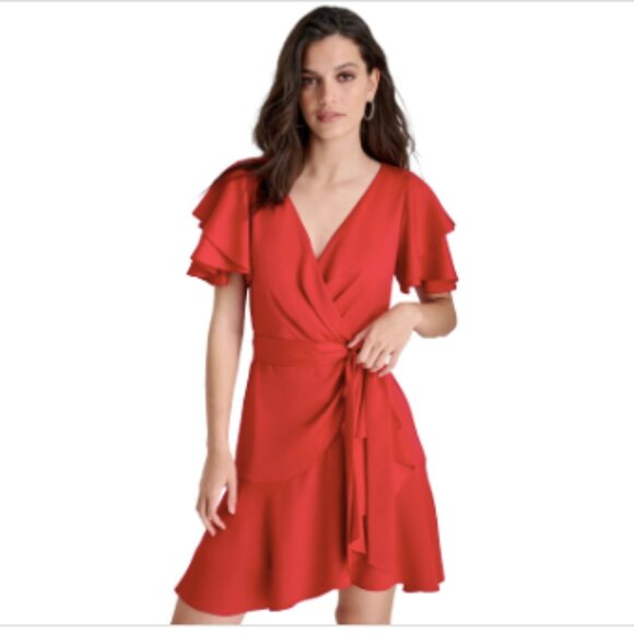 Dkny Petite Satin Flutter-Sleeve Tiered Dress - Red - Picture 3 of 4
